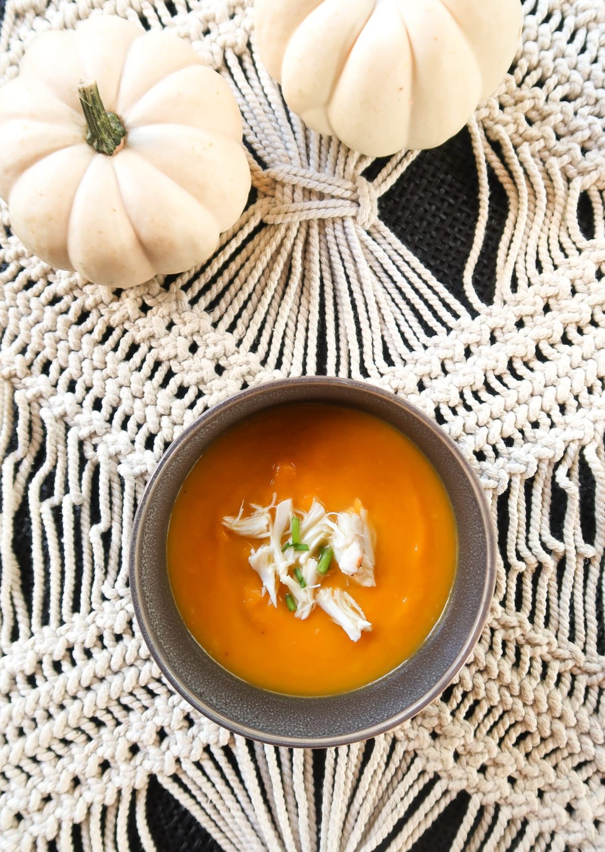 butternut squash soup topped with crab